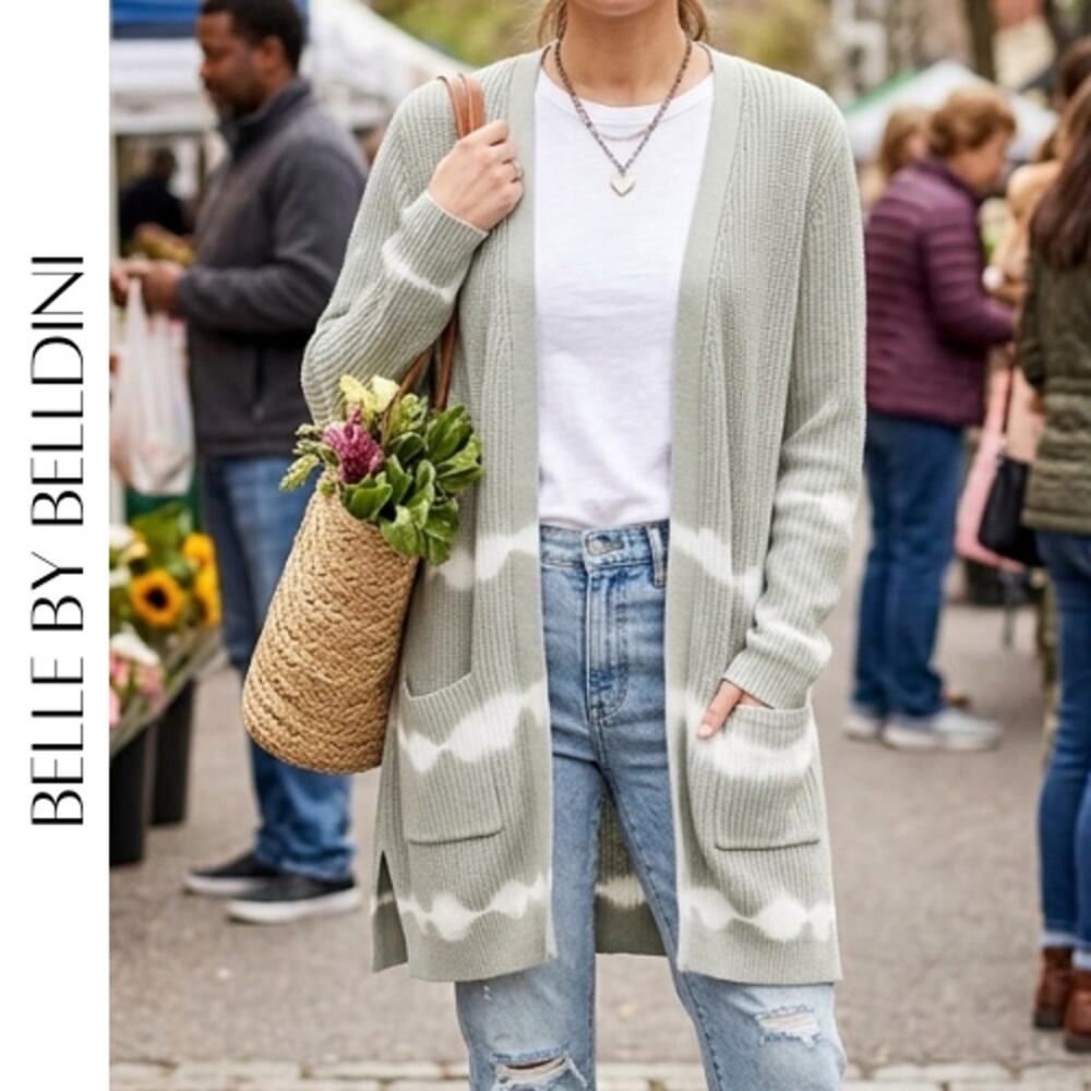 BELLE BY BELLDINI Gray Green Tie Dye Long Cardigan L Open Front Duster